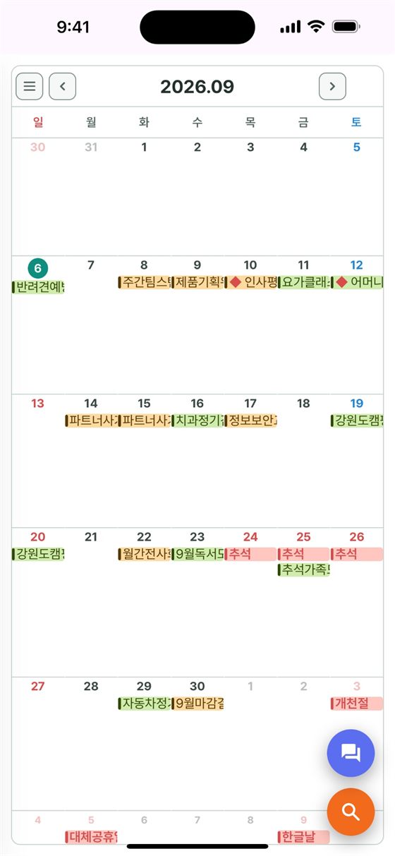 한 달 달력에 가족·회사·개인 일정이 색으로 구분되어 함께 표시된 화면