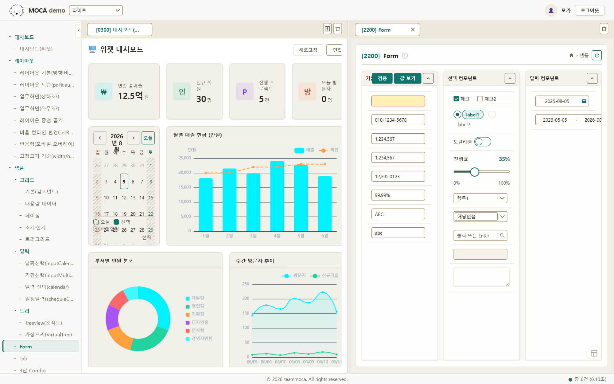 MDI 작업영역을 좌우로 분할해 위젯 대시보드와 Form 화면을 동시에 표시한 PC 화면